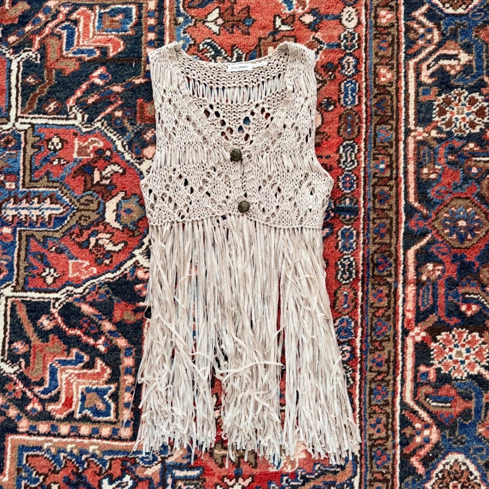 Blu Pepper Boho Crochet Knit Fringe Vest Top - Cream - Size M - Festival Style